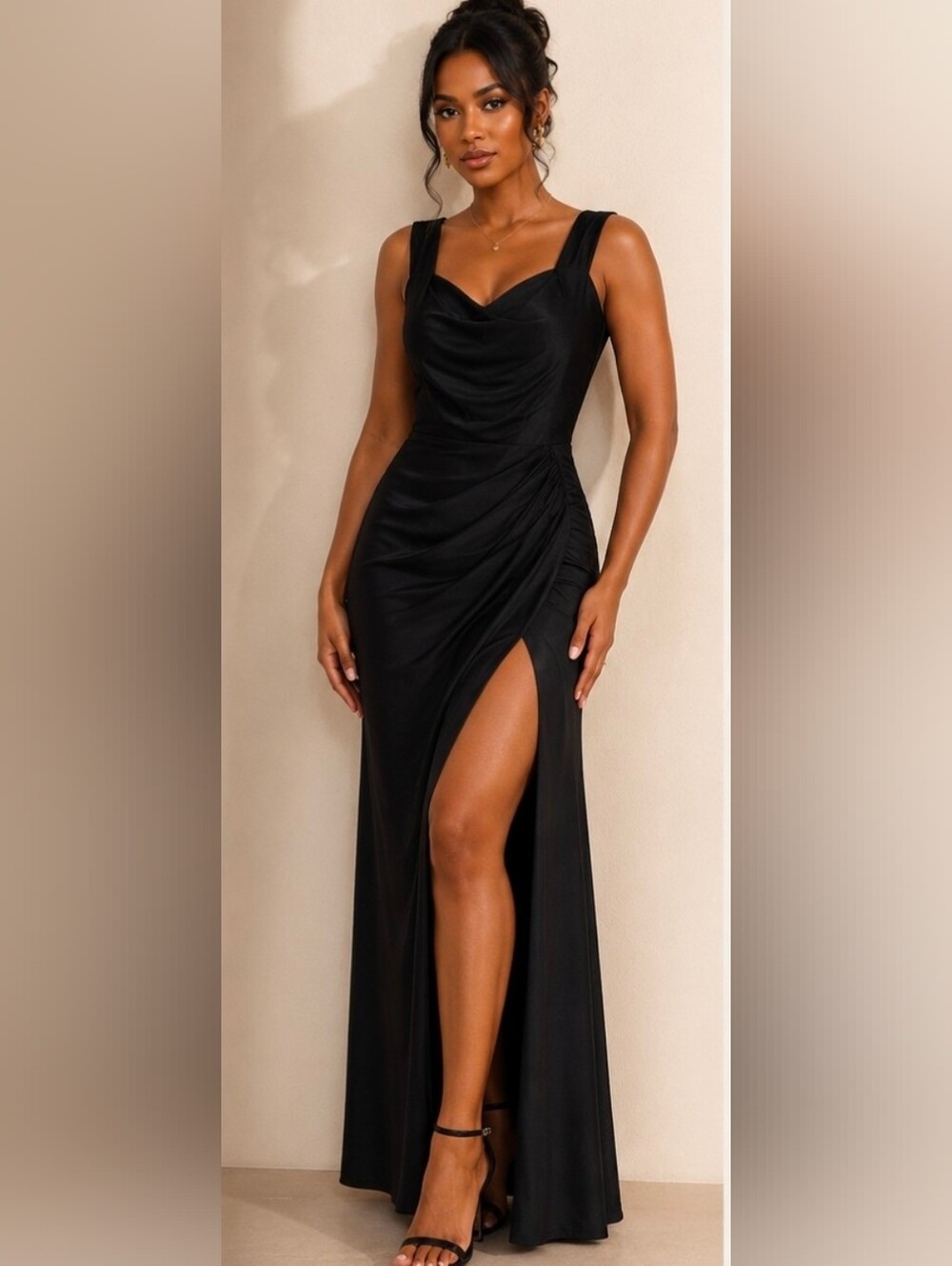 Elegant Black High-Slit Draped Evening Dress - Picture 1 of 7